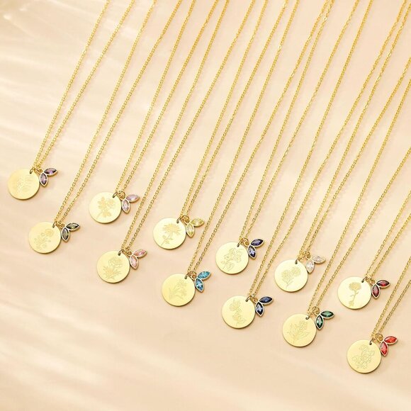 14k Gold Plated Birth Month Flower Birthstone Pendant Necklace, Floral Charm Nec - Picture 4 of 4